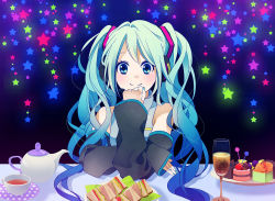 Rule 34 | 1girl, alcohol, aqua eyes, aqua hair, bad id, bad pixiv id, cake, champagne, cup, detached sleeves, drinking glass, food, hatsune miku, long hair, looking at viewer, nagi kanami, pov across table, sandwich, smile, solo, star (symbol), teacup, teapot, twintails, vocaloid, wine glass