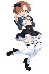 Rule 34 | 1girl, blue eyes, blush, bow, breasts, brown hair, buta-don, frilled skirt, frills, hair bow, highres, joanna elizabeth stafford, luminous witches, no bra, open mouth, shiny skin, short hair, skirt, small breasts, smile, solo, thighhighs, underboob, white thighhighs, world witches series