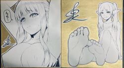 Rule 34 | 2girls, absurdres, armpits, arms up, bare legs, barefoot, blunt bangs, blush, breasts, closed mouth, collarbone, commentary request, covered erect nipples, dangle earrings, dress, earrings, elf, feet, fern (sousou no frieren), foot focus, frieren, full body, greyscale, highres, jewelry, knee up, large breasts, legs, long hair, looking at viewer, monochrome, multiple girls, off shoulder, parted bangs, photo (medium), pointy ears, pout, shirouzu myuuta, short eyebrows, sidelocks, signature, sitting, smile, soles, sousou no frieren, speech bubble, sweatdrop, toes, traditional media, twintails, upper body