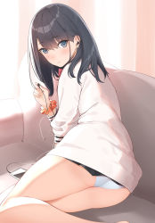 Rule 34 | 10s, 1girl, ass, black hair, black skirt, blue eyes, blush, bow, cardigan, cellphone, closed mouth, commentary request, couch, curtains, earphones, from behind, grey eyes, gridman universe, highres, hip focus, indoors, long hair, long sleeves, looking at viewer, looking back, microskirt, miniskirt, orange scrunchie, panties, pantyshot, phone, pleated skirt, red bow, red legwear, red neckwear, school uniform, scrunchie, shirt, signature, sitting, skirt, smartphone, solo, ssss.gridman, sweater, swept bangs, takarada rikka, thighs, underwear, white cardigan, white panties, white shirt, white sweater, wrist scrunchie, yaman