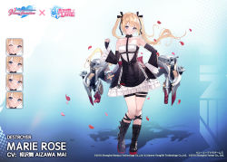 Rule 34 | 1girl, artist request, azur lane, black footwear, black ribbon, blonde hair, blue eyes, boots, cannon, character name, commentary, copyright name, dead or alive, dead or alive 5, dead or alive xtreme, detached sleeves, dress, english commentary, frilled dress, frills, hair ribbon, knee boots, machinery, marie rose, official art, petals, promotional art, ribbon, rigging, rose petals, smile, solo, standing, strapless, strapless dress, thigh strap, torpedo, torpedo tubes, turret, twintails, wide sleeves