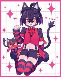 Rule 34 | 1boy, alternate costume, animal ears, arm warmers, black hair, black shirt, blush, border, bow, bowtie, colored sclera, cosplay, creatures (company), crossed bangs, fake animal ears, fake tail, fangs, game freak, gen 7 pokemon, hair between eyes, highres, kieran (pokemon), litten, litten (cosplay), looking at viewer, male focus, midriff, mole, mole on neck, motiumai, nintendo, open mouth, orange eyes, parted lips, paw pose, paw shoes, pink border, pokemon, pokemon (creature), pokemon sv, purple hair, red bow, red bowtie, red vest, shirt, short shorts, shorts, simple background, sitting, sparkle, striped clothes, striped thighhighs, suspender shorts, suspenders, tail, thighhighs, vest, yellow sclera