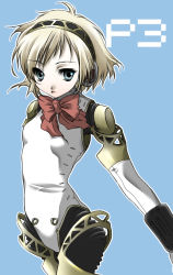 Rule 34 | 1girl, aegis (persona), android, atlus, blonde hair, blue eyes, bow, cyborg, joints, pantyhose, persona, persona 3, robot joints, short hair, solo