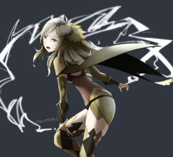 Rule 34 | ahoge, black background, blonde hair, bodysuit, cape, cowboy shot, elbow gloves, electricity, fire emblem, fire emblem fates, gloves, green gloves, hairband, leotard, long hair, magic, nintendo, open mouth, ophelia (fire emblem), parted bangs, simple background, skeptycally, solo, thighhighs, thighs, twitter username, yellow eyes