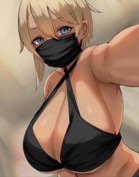 Rule 34 | 1girl, bare shoulders, bikini, bikini top only, blonde hair, blue eyes, breasts, cleavage, huge breasts, mask, mouth mask, original, outstretched arm, short hair, swimsuit, tan, underboob, zijou