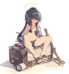 Rule 34 | 1girl, bare shoulders, bikini, black bikini, black hair, blue archive, blue eyes, blush, bolt-action rifle, breasts, carbine, collarbone, de lisle carbine, grey sweater, gun, hairband, halo, highres, integral suppressor, integrally-suppressed firearm, jewelry, long hair, long sleeves, looking at viewer, navel, necklace, open clothes, open mouth, pistol-caliber carbine, pointy breasts, ponytail, rifle, sandals, sgt-jz, sidelocks, sitting, small breasts, solo, suitcase, suppressor, sweater, swimsuit, ui (blue archive), ui (swimsuit) (blue archive), weapon