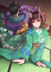 1boy 1girl alternate_costume back_bow bob_cut bow broken_horn brown_hair constriction demon_girl demon_horns demon_tail eriko_(princess_connect!) evil_smile flower green_kimono hair_flower hair_ornament highres horns indoors inverted_bob japanese_clothes kimono kneeling leaning_forward licking_lips looking_back mononoke_(pixiv53597254) princess_connect! print_kimono purple_eyes purple_tail red_flower sash short_hair smile spiked_tail tail tatami tongue tongue_out yellow_sash yuuki_(princess_connect!)