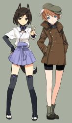 Rule 34 | 2girls, animal ears, bike shorts, black hair, blue eyes, boots, brown eyes, buttons, cabbie hat, hakama, hakama short skirt, hakama skirt, hand on own hip, hands in pockets, hat, isabelle du monceau de bergendal, japanese clothes, jewelry, kuroda kunika, military, military uniform, multiple girls, noble witches, orange hair, ring, shimada fumikane, skirt, smile, strike witches, tail, thighhighs, uniform, v, world witches series, zettai ryouiki