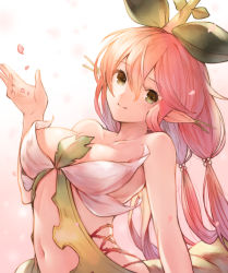 Rule 34 | 1girl, bad id, bad pixiv id, bare arms, bare shoulders, breasts, brown eyes, collarbone, commentary request, granblue fantasy, hair between eyes, hand up, head tilt, highres, koretsuki azuma, large breasts, leaf, long hair, looking at viewer, monster girl, navel, petals, pink hair, plant girl, pointy ears, revealing clothes, sidelocks, smile, solo, stomach, upper body, very long hair, yggdrasil (granblue fantasy)