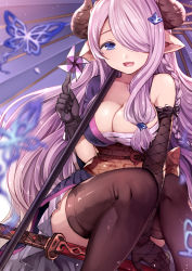 Rule 34 | 10s, 1girl, asymmetrical gloves, bare shoulders, black gloves, black thighhighs, blue eyes, blush, braid, breasts, bug, butterfly, clarinet (natsumi3230), draph, elbow gloves, gloves, granblue fantasy, hair ornament, hair over one eye, horns, insect, japanese clothes, katana, kurata rine, large breasts, light purple hair, long hair, looking at viewer, narmaya (granblue fantasy), obi, oil-paper umbrella, open mouth, pinwheel, pointy ears, sarashi, sash, single braid, single elbow glove, sitting, sleeveless, solo, sword, thighhighs, umbrella, uneven gloves, weapon