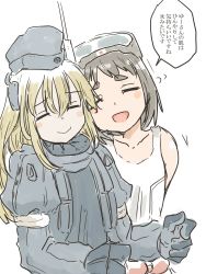 Rule 34 | 2girls, black hair, blonde hair, blush, closed eyes, closed mouth, collarbone, commentary request, cropped jacket, diving mask, diving mask on head, garrison cap, goggles, goggles on head, hair between eyes, hat, highres, kantai collection, long hair, long sleeves, maru-yu (kancolle), military, military uniform, multiple girls, one-piece swimsuit, poyo (hellmayuge), puffy long sleeves, puffy sleeves, school swimsuit, short hair, simple background, smile, speech bubble, swimsuit, swimsuit under clothes, thick eyebrows, translated, u-511 (kancolle), uniform, upper body, white background, white one-piece swimsuit, white school swimsuit, yuri