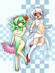Rule 34 | 2girls, :&lt;, :d, animal ears, arm under breasts, bow, bow (paper mario), breasts, china dress, chinese clothes, cleavage, cleavage cutout, clothing cutout, dress, feather fan, folding fan, gloves, green eyes, green footwear, green hair, hair bow, hand fan, hatori tsukasa, heart, heart tail, high heels, highres, long hair, mario (series), mask, medium breasts, midriff, mouse ears, ms. mowz, multiple girls, navel, nintendo, open mouth, paper mario, paper mario: the thousand year door, paper mario 64, personification, red bow, red eyes, red footwear, short hair, side slit, smile, tail, thighhighs, white gloves, white hair, white legwear