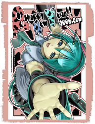 Rule 34 | 00s, 1girl, 2009, :d, aqua hair, aqua necktie, arm up, detached sleeves, from above, hatsune miku, long sleeves, looking at viewer, looking up, nakabayashi reimei, necktie, new year, open mouth, outstretched arm, palms, pov, smile, solo, tattoo, vocaloid
