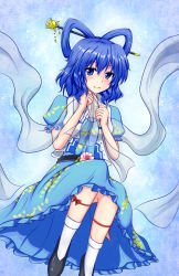 Rule 34 | 1girl, belt, black footwear, blue background, blue dress, blue eyes, blue hair, blush, breasts, closed mouth, commentary request, dress, floating, floral print, flower, foot out of frame, hagoromo, hair ornament, hair rings, hair stick, highres, holding, hyoumon (saihokutan), kaku seiga, looking at viewer, medium breasts, ofuda, open clothes, open vest, puffy short sleeves, puffy sleeves, red ribbon, ribbon, see-through, shawl, short hair, short sleeves, sitting, smile, solo, touhou, vest, white legwear, white vest