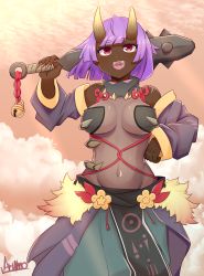 Rule 34 | 1girl, :3, armor, artist name, bare shoulders, bell, bikini armor, blunt bangs, bob cut, breasts, cloud, club (weapon), colored skin, dark-skinned female, dark skin, day, eyeshadow, female focus, fingernails, fur-trimmed skirt, fur trim, green skirt, groin, hand on own hip, hand up, happy, highres, holding, holding weapon, horns, jingle bell, large breasts, light rays, makeup, multicolored skin, nail polish, navel, oni, oni horns, open mouth, orange background, orange sky, original, outdoors, purple hair, red eyes, red nails, revealing clothes, ryuusui arumo, sharp fingernails, shiny skin, short hair, sidelocks, signature, skirt, sky, smile, solo, spikes, standing, stomach, sunlight, teeth, two-tone skin, weapon