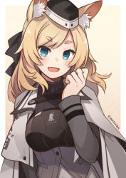 Rule 34 | 1girl, animal ear fluff, animal ears, arknights, armor, artist name, black bow, black headwear, blonde hair, blue eyes, bow, commentary, fang, grey jacket, grey shirt, hair bow, hand up, horse ears, jacket, kibashiba, long hair, open clothes, open jacket, open mouth, shirt, skin fang, solo, swept bangs, thick eyebrows, upper body, whislash (arknights)