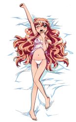 Rule 34 | 1girl, absurdres, barefoot, blush, breasts, camisole, feet, fujii masahiro, highres, long hair, long legs, louise francoise le blanc de la valliere, navel, official art, panties, pink eyes, pink hair, scan, see-through, side-tie panties, small breasts, solo, underwear, underwear only, yawning, zero no tsukaima
