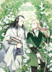 Rule 34 | 10s, 2013, 2boys, arrow (projectile), artist name, black hair, blonde hair, book, bow (weapon), elf, elrond, eye contact, flower, tolkien&#039;s legendarium, legolas, lily of the valley, long hair, looking at another, male focus, manly, middle earth, multiple boys, pointy ears, rose, smile, starshadowmagician, the lord of the rings, weapon, white flower, white rose
