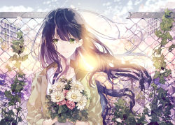 Rule 34 | 1girl, backlighting, black hair, blue sky, bouquet, broken, chain-link fence, cloud, day, fence, flower, green eyes, holding, holding bouquet, jacket, long hair, looking at viewer, original, outdoors, plant, seikai meguru, sky, smile, solo, standing, twitter username, upper body, very long hair, vines, yellow jacket