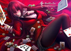 Rule 34 | 1girl, black pantyhose, breasts, card, chain, checkered clothes, checkered skirt, commentary, english commentary, hair between eyes, hime cut, id card, jabami yumeko, jacket, kakegurui, large breasts, leg up, long hair, looking at viewer, lying, name tag, on back, outstretched hand, pantyhose, playing card, poker chip, rachta lin, red eyes, red hair, red jacket, school uniform, shirt, skirt, smile, solo, sweat, very long hair, white shirt
