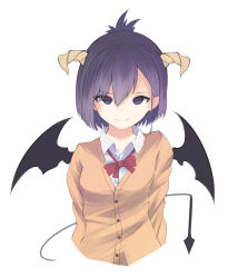 Rule 34 | 1girl, absurdres, bad id, bad pixiv id, bow, bowtie, brown jacket, collared shirt, demon girl, demon horns, demon tail, demon wings, evil smile, gabriel dropout, hair between eyes, hair ornament, hairclip, highres, horns, jacket, loose bowtie, red bow, red bowtie, shaded face, shirt, short hair, simple background, smile, solo, tail, upper body, vignette tsukinose april, white background, white shirt, wings, you gonna get raped, yuzu oshigoto boshu-chu
