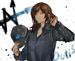 Rule 34 | 1girl, baseball cap, black shirt, brown hair, closed mouth, collared shirt, hand up, hat, holding, holding clothes, holding hat, limbus company, long sleeves, medium hair, nishikujic, outis (project moon), project moon, shirt, simple background, solo, w corp. (identity) (project moon), white background, yellow eyes
