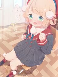 Rule 34 | 1girl, 22m, absurdres, black jacket, black skirt, blonde hair, blush, buttons, chair, commentary request, double-breasted, green eyes, hair ornament, hair rings, highres, indie virtual youtuber, indoors, jacket, open mouth, pee, peeing, peeing self, pom pom (clothes), pom pom hair ornament, puddle, red headwear, red sailor collar, sailor collar, school chair, school uniform, shigure ui (vtuber), short hair, sitting, skirt, solo, striped clothes, striped jacket, striped skirt, teeth, upper teeth only, vertical-striped clothes, vertical-striped jacket, vertical-striped skirt, virtual youtuber