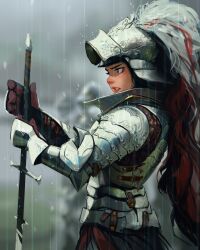 Rule 34 | 1girl, 2others, armor, blurry, blurry background, brown eyes, clenched teeth, commentary, english commentary, from side, full armor, helmet, highres, holding, holding sword, holding weapon, multiple others, original, planted, planted sword, planted weapon, rain, sam yang, serious, sword, teeth, weapon