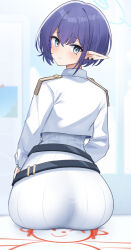 Rule 34 | 1girl, absurdres, aoi (blue archive), doodle sensei (blue archive), ass, ass focus, belt, blue archive, blush, earclip, halo, highres, jacket, looking at viewer, looking back, loose belt, mole, mole under eye, nassss, pointy ears, purple hair, ribbed skirt, sensei (blue archive), sitting, skirt, solo, white jacket, white skirt