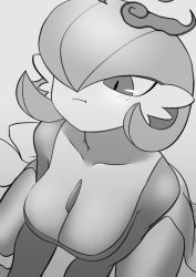 Rule 34 | 1girl, :t, blush, bob cut, breasts, cleavage, closed mouth, collarbone, creatures (company), dynamax, female focus, from above, game freak, gardevoir, gen 3 pokemon, giant, giantess, grey background, greyscale, hair over one eye, highres, large breasts, light blush, looking down, monochrome, nintendo, one eye covered, pero (pero7762), pokemon, pokemon (creature), short hair, simple background, sitting, smoke, solo, swallowing, vore, wariza