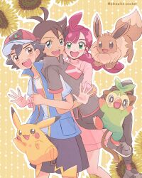 Rule 34 | 1girl, 2boys, ash ketchum, baseball cap, blush, brown eyes, brown hair, chloe (pokemon), creatures (company), eevee, flower, game freak, gen 1 pokemon, gen 8 pokemon, goh (pokemon), grookey, hat, highres, ichi (pikapikapocket), looking at viewer, multiple boys, nintendo, open mouth, pikachu, pokemon, pokemon (anime), pokemon journeys, purple hair, smile, sunflower