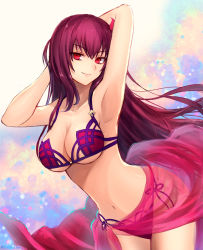 Rule 34 | 1girl, armpits, arms behind head, arms up, bad id, bad pixiv id, bikini, breasts, cleavage, fate/grand order, fate (series), highres, large breasts, leaning forward, long hair, looking at viewer, navel, purple hair, red eyes, sarong, scathach (fate), scathach (fate), scathach (swimsuit assassin) (fate), smile, solo, swimsuit, underboob, yukihama