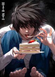 Rule 34 | 1boy, absurdres, bags under eyes, barefoot, black background, black eyes, black hair, blue pants, cake, cake slice, copyright name, death note, feet, fingernails, food, fork, hair between eyes, hair over eyes, highres, holding, holding fork, holding plate, l (death note), licking, long sleeves, looking at viewer, medium hair, open mouth, pants, plate, shirt, soles, solo, spiked hair, squatting, strawberry shortcake, teeth, toenails, toes, tongue, tongue out, upper teeth only, white shirt, wzeck