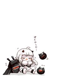 Rule 34 | 10s, 1girl, abyssal ship, ahoge, bluetenbin, closed eyes, colored skin, crying, dress, horns, kantai collection, long hair, looking at viewer, machinery, mittens, northern ocean princess, pale skin, simple background, translation request, white background, white dress, white hair, white mittens, white skin