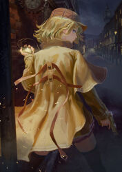 Rule 34 | 1girl, blonde hair, blue eyes, brown capelet, brown coat, bryuenart, capelet, coat, deerstalker, detective, elizabeth tower, from behind, gun, hat, highres, holding, holding gun, holding weapon, hololive, hololive english, looking at viewer, looking back, pocket watch, solo, thighhighs, virtual youtuber, watch, watson amelia, weapon