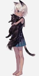 Rule 34 | 1girl, animal, animal ears, bad id, bad pixiv id, bare arms, bare legs, barefoot, black cat, cat, cat ears, cat tail, from side, full body, grey background, highres, holding, holding animal, holding cat, looking to the side, original, plaid, plaid skirt, pointy ears, school uniform, serafuku, shirt, short hair, simple background, skirt, sleeveless, sleeveless shirt, solo, standing, suzukami, tail, white hair