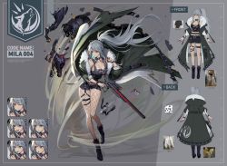 Rule 34 | 1girl, absurdres, arms at sides, belt, bottle, breasts, blowing bubbles, chain, character sheet, chewing gum, coat, collar, de nim, dust, english text, expressions, fishnets, flat color, from behind, full body, fur trim, green eyes, grey background, grey hair, gun, highres, large breasts, long hair, looking at viewer, midriff, multiple views, one eye closed, original, ponytail, rifle, scar, short shorts, shorts, spiked collar, spikes, tank top, torn clothes, very long hair, water bottle, weapon