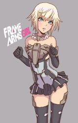 Rule 34 | 10s, 1girl, bare shoulders, black gloves, black skirt, black thighhighs, blonde hair, blue eyes, blush, collar, commentary request, copyright name, detached collar, elbow gloves, frame arms girl, frilled collar, frills, gloves, gourai, grey background, highres, lipstick, looking at viewer, makeup, mecha musume, parted lips, short hair, skirt, solo, thighhighs, yamashita shun&#039;ya, zettai ryouiki
