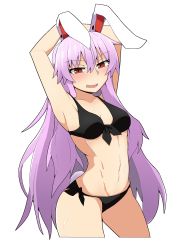Rule 34 | 1girl, :d, absurdres, agu (antyosan), animal ears, armpits, arms behind head, arms up, bikini, black bikini, blush, breasts, collarbone, commentary request, eyelashes, highres, light purple hair, looking at viewer, medium breasts, navel, open mouth, rabbit ears, rabbit tail, red eyes, reisen udongein inaba, sidelocks, simple background, smile, solo, standing, stomach, sweat, sweatdrop, swimsuit, tail, thighs, touhou
