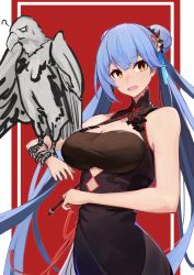 Rule 34 | 1girl, ?, azur lane, bird, black dress, blue hair, breasts, brown eyes, double bun, dress, eagle, essex (azur lane), essex (brush and ink) (azur lane), hair bun, hair ribbon, highres, long hair, looking at viewer, marshall k, medium breasts, official alternate costume, open mouth, ribbon, simple background, solo