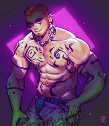 Rule 34 | 1boy, abs, arm tattoo, artist logo, artist name, bara, biceps, black nails, chain, chest tattoo, dark, ear piercing, earrings, facial tattoo, fang, glowing, hand on own hip, highres, jewelry, large pectorals, looking at viewer, male focus, male underwear, male underwear peek, manly, mature male, muscular, muscular male, nail polish, navel, navel hair, necklace, nipples, orange eyes, orange hair, original, panties, pants, panty pull, pectorals, piercing, print legwear, smile, solo, spiked hair, stomach tattoo, tattoo, thick arms, tiowinwin, topless male, underwear