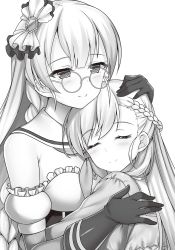 Rule 34 | 2girls, azur lane, belfast (azur lane), blush, breasts, closed mouth, edinburgh (azur lane), elbow gloves, closed eyes, facing another, glasses, gloves, greyscale, hand on another&#039;s head, highres, little bel (azur lane), long hair, looking at another, medium breasts, monochrome, multiple girls, neckerchief, raiou, smile