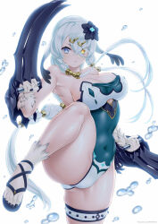 Rule 34 | 1girl, alternate costume, alternate hairstyle, armpits, atelier (series), bare shoulders, black nails, breasts, bubble, cameltoe, claws, cleavage cutout, clothing cutout, feet, fingernails, flower, flower on head, gold, heterochromia, holding, holding weapon, large breasts, lila decyrus, long hair, myb kikaku, nails, one leg raised, sandals, serious, sharp fingernails, swimsuit, weapon, white hair