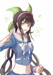 Rule 34 | 1girl, :o, absurdres, black hair, blue shirt, bow, bowtie, buttons, chabashira tenko, choker, clenched hand, danganronpa (series), danganronpa v3: killing harmony, double-breasted, green eyes, green ribbon, hair ribbon, hairband, hand up, highres, long hair, midriff, mole, mole under mouth, open mouth, pink choker, pink hairband, ribbon, sailor collar, shirt, simple background, sixii, solo, white background, white bow, white bowtie, white sailor collar