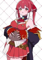 Rule 34 | 1girl, ascot, bare shoulders, belt, blush, breasts, brown belt, choker, cleavage, covered navel, cowboy shot, cropped jacket, eyelashes, frilled choker, frills, gold trim, hair ribbon, hands on own stomach, heterochromia, highres, hololive, houshou marine, houshou marine (1st costume), impossible clothes, large breasts, leotard, leotard under clothes, looking at viewer, navel, off shoulder, pleated skirt, red ascot, red eyes, red hair, red ribbon, ribbon, see-through, see-through cleavage, shadow, sidelocks, skirt, sleeveless, sleeveless jacket, sleeves past wrists, soh himitsuki, solo, tongue, tongue out, twintails, virtual youtuber, yellow eyes