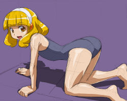 Rule 34 | 10s, 1girl, all fours, ass, barefoot, blonde hair, blue one-piece swimsuit, from side, hairband, kise yayoi, looking at viewer, looking to the side, one-piece swimsuit, open mouth, precure, purple background, rohitsuka, short hair, simple background, sketch, smile precure!, solo, swimsuit, white hairband, yellow eyes