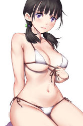 Rule 34 | 1girl, arm behind back, bikini, blush, breasts, brown hair, closed mouth, dot nose, embarrassed, highres, large breasts, legs together, looking at viewer, low twintails, medium hair, original, purple eyes, saigado, seiza, signature, simple background, sitting, solo, swimsuit, twintails, white background, white bikini