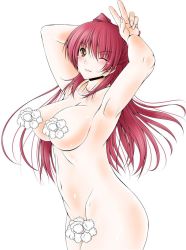 Rule 34 | 1girl, blush, bottomless, breasts, censored, convenient censoring, kousaka tamaki, large breasts, long hair, looking at viewer, navel, one eye closed, orange eyes, otone, otone (artist), red hair, simple background, smile, solo, to heart (series), to heart 2, v, white background, wink