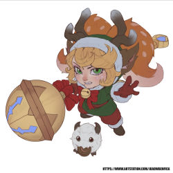 Rule 34 | 1girl, absurdres, animal ears, antlers, arm up, bell, belt, blonde hair, blush, bow, bowtie, brown footwear, deer ears, deer girl, fang, full body, gloves, green eyes, green headwear, green jacket, grey background, highres, holding, holding weapon, horns, jacket, joaowbenfica, league of legends, neck bell, official alternate costume, pants, poppy (league of legends), poro (league of legends), red belt, red bow, red bowtie, red gloves, red pants, simple background, snow fawn poppy, solo, standing, swept bangs, teeth, twintails, watermark, weapon, web address, yordle