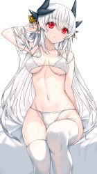 Rule 34 | 1girl, bikini, blush, breasts, cleavage, closed mouth, dragon girl, dragon horns, fate/grand order, fate (series), hair ornament, hand in own hair, highres, horns, kiyohime (fate), kiyohime (third ascension) (fate), long hair, looking at viewer, medium breasts, morizono shiki, red eyes, sitting, smile, solo, swimsuit, thighhighs, thighs, underwear, wet, white bikini, white hair, white thighhighs